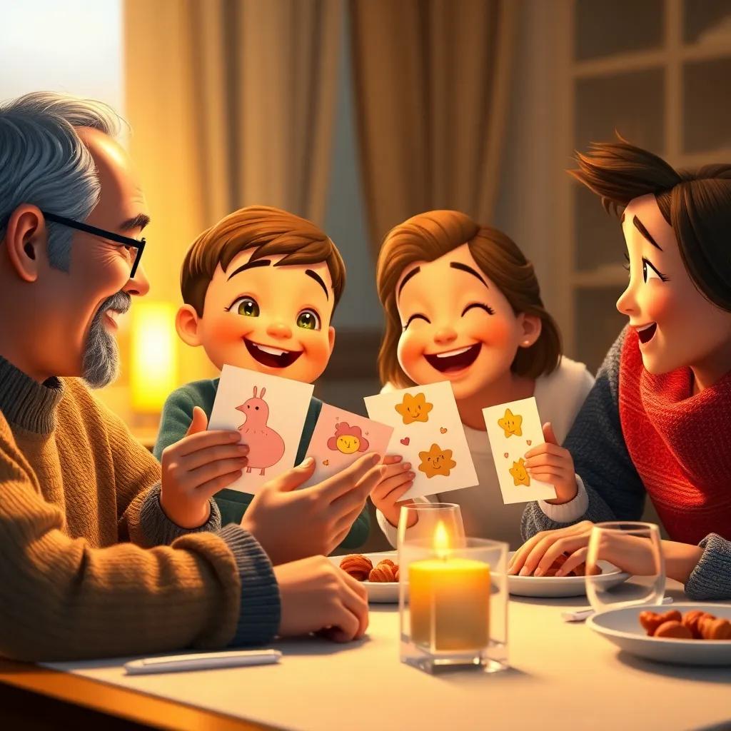 Sami presenting handmade cards to his parents at the dinner table, their faces filled with joy and surprise, soft warm light highlighting their happiness, loving family scene