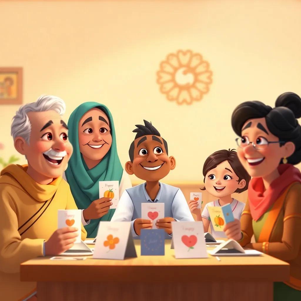 A family gathering scene, with Sami's parents smiling proudly at him and his friends, decorated with the beautiful cards, warm light, cheerful background, family unity