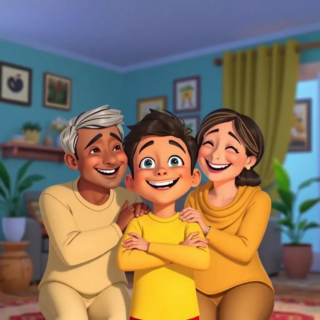 Sami feeling proud and happy see the smiles on his parents' faces, conveying love and appreciation, home setting, bright colors, joyful atmosphere