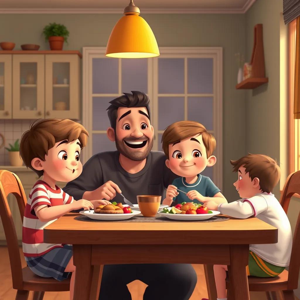 A father with two children sitting together at a table after lunch, with a cozy home setting and warm colors, digital art, inviting atmosphere, cheerful mood, high quality