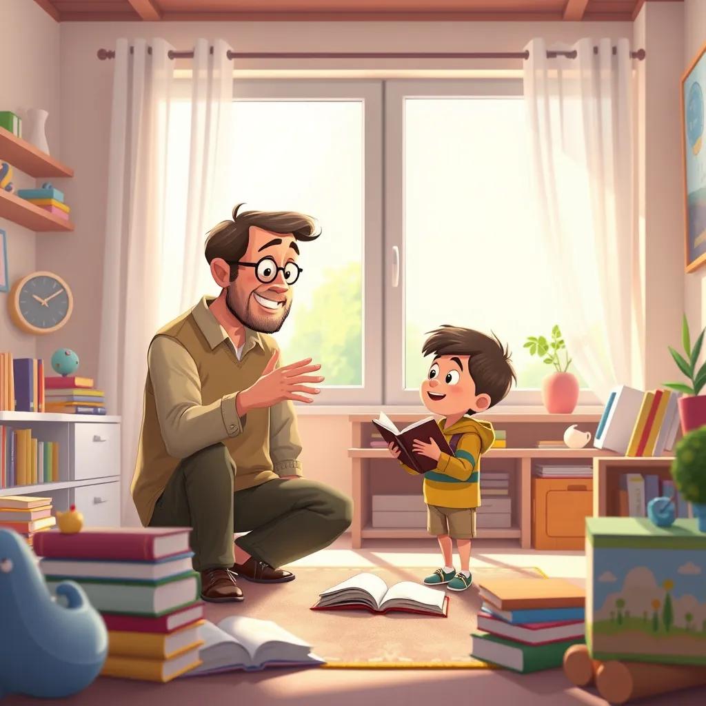 A father explaining to his son in a bright room, showing gestures and expressions, with books and toys around, detailed illustration, vibrant colors, friendly feel, high quality