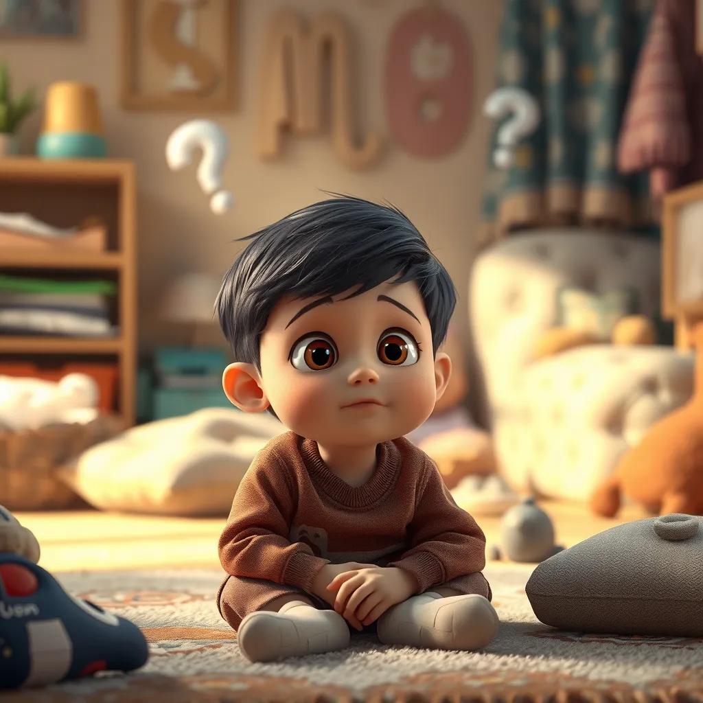 A son looking curious while asking questions, with a thoughtful expression, sitting on a carpet, surrounded by family items, digital art, warm light, child-friendly atmosphere