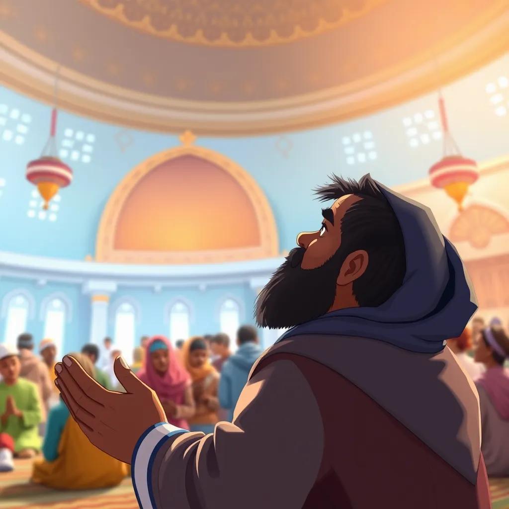 A father explaining the importance of group prayer, with illustrations of people praying together in a mosque in the background, colorful and detailed, uplifting, high quality