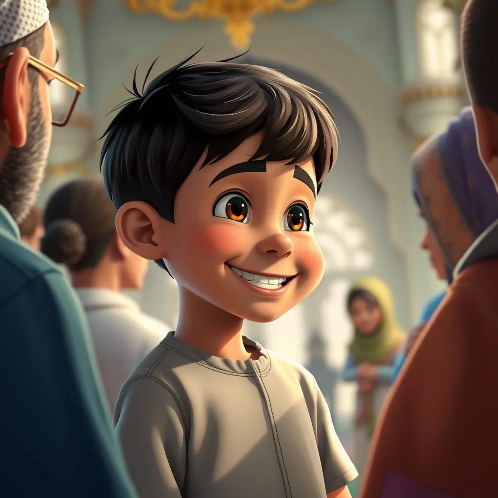 A young boy smiling, understanding the importance of going to the mosque, with family members around him, warm and heartwarming scene, colorful, storytelling angle, fantasy-like quality