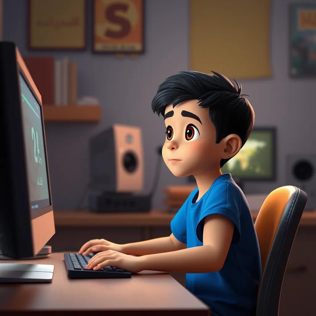 A young Arab boy, حسام, with short black hair and wearing a blue t-shirt, sitting at a computer desk, looking curiously at the screen, digital art, bright colors, warm light, engaging atmosphere, high quality