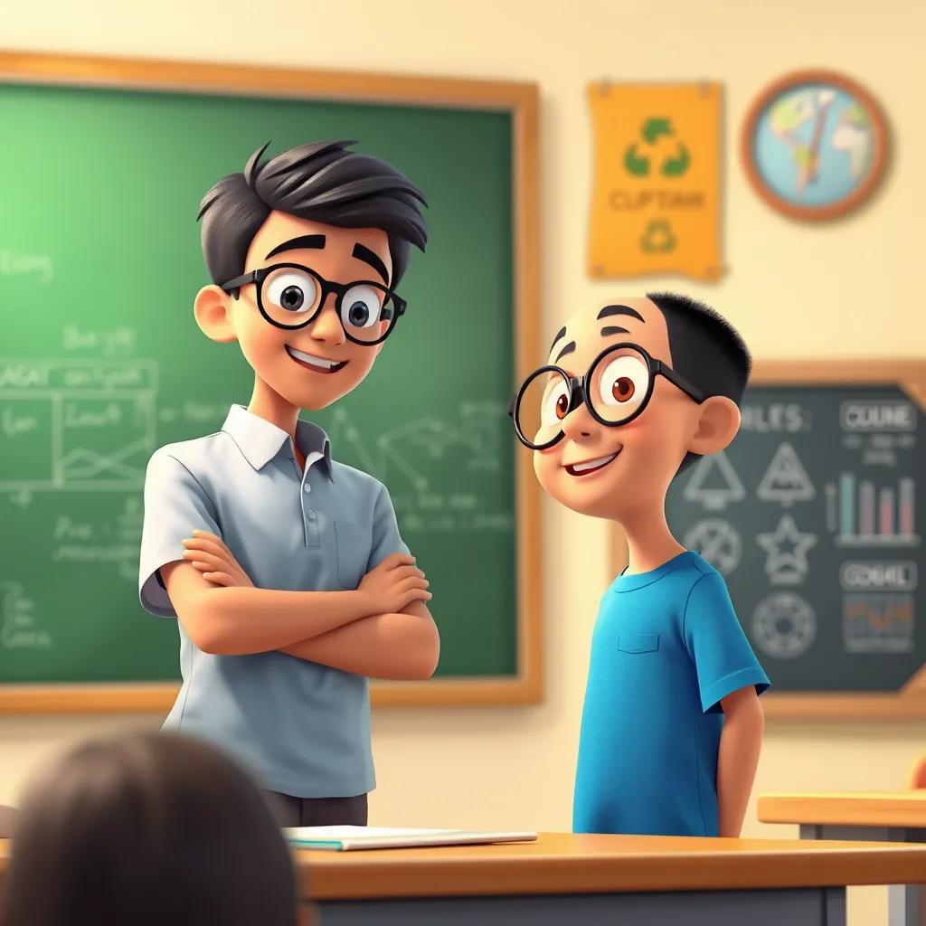 A classroom scene with a teacher explaining to حسام, a young Arab boy, with short black hair in a blue t-shirt and glasses, standing beside a blackboard with diagrams, vibrant colors, cheerful atmosphere, educational, high quality