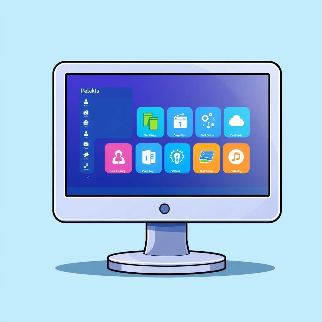 A depiction of a computer displaying a colorful digital interface, representing different applications and programs, clear and engaging illustration, bright colors, child-friendly, high quality