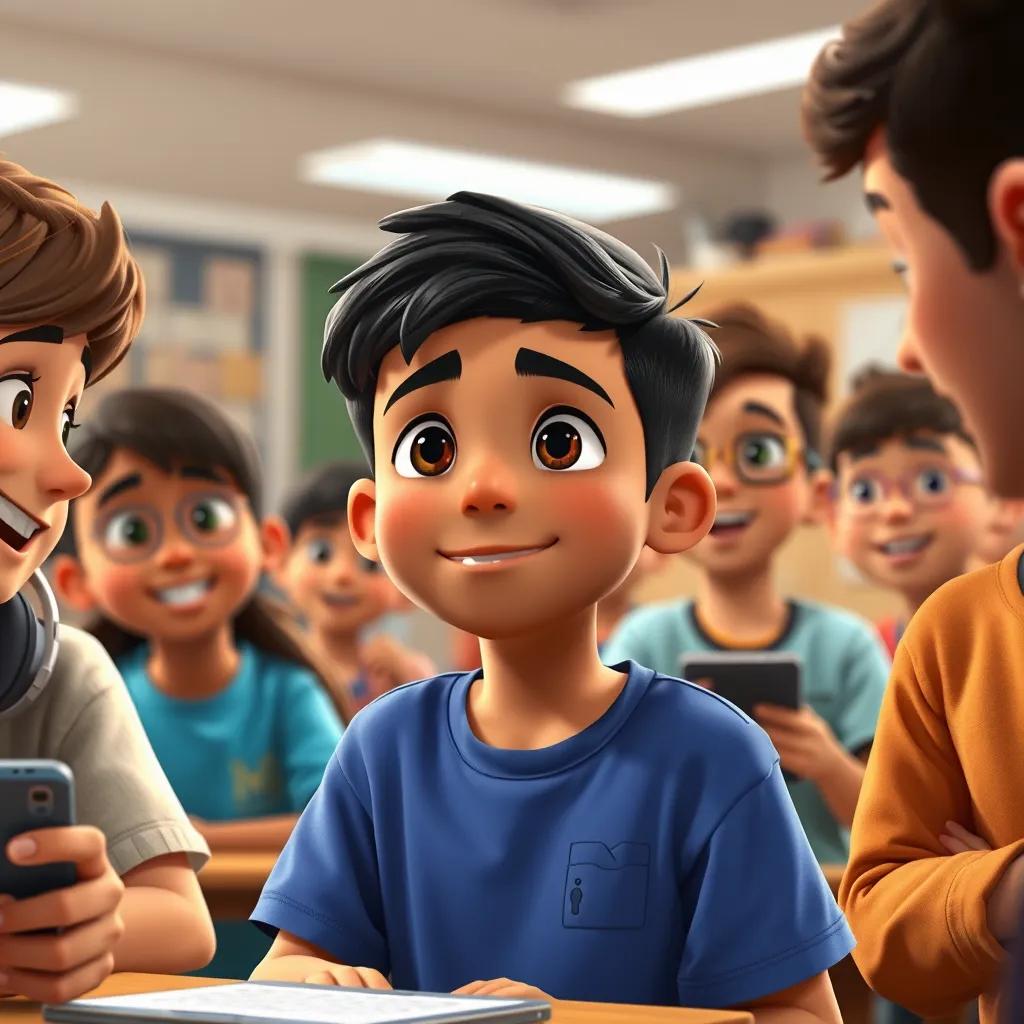 A group of students, including حسام a young Arab boy with short black hair in a blue t-shirt, discussing technology in class, enthusiastic expressions, inviting atmosphere, warm colors, engaging environment, high quality