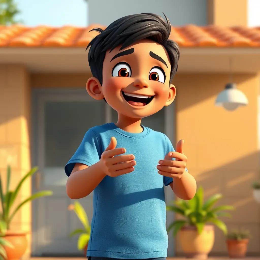 A happy حسام, a young Arab boy, with short black hair in a blue t-shirt, standing outside his house, excitedly telling his family about operating systems, cheerful expression, warm sunlight, homey environment, high quality