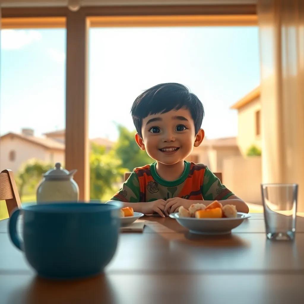 A sunny morning in a quiet neighborhood with a bright blue sky, Sami, a young Arab boy with short black hair, wearing a colorful t-shirt and shorts, sitting at the breakfast table excitedly waiting for his meal, warm sunlight filtering into the room, cheerful atmosphere, digital art, high quality