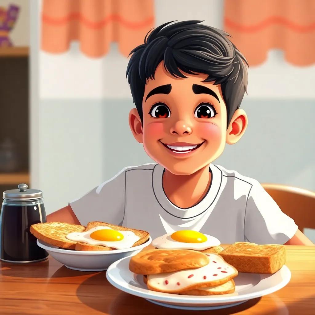 Sami, a young Arab boy with short black hair, smiling at the table after eating breakfast, with a plate of eggs and toast in front of him, feeling energized and ready to face the day, bright colors, vibrant mood, illustration, child-friendly