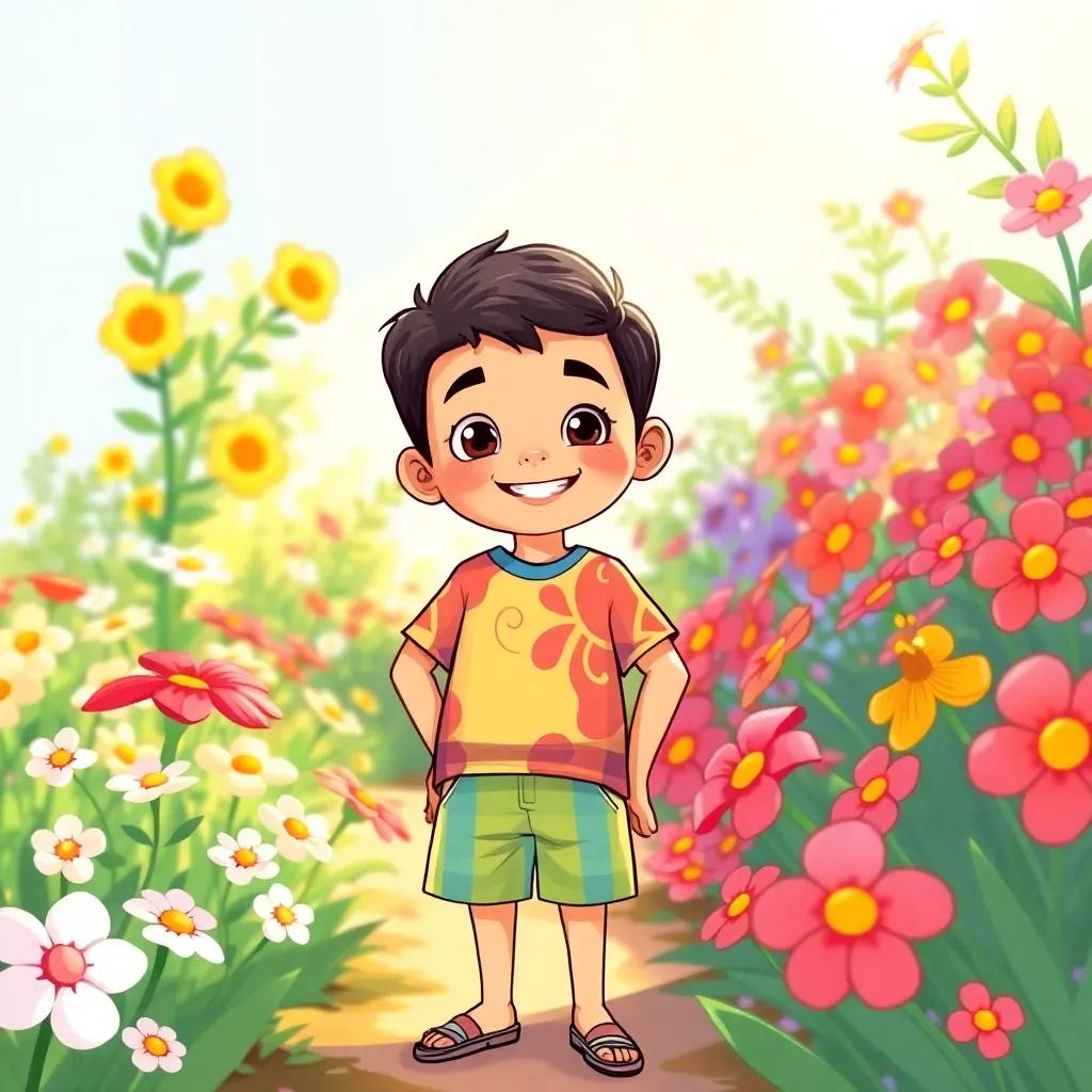 A cheerful young Arab boy, Riyad, with short dark hair, wearing a colorful shirt and shorts, standing in a garden filled with blooming flowers, morning sunlight streaming down, vibrant colors, joyful atmosphere, sunny day, high quality