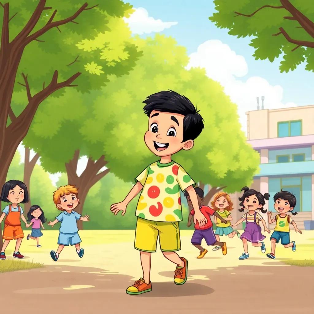 A young Arab boy, Riyad, with short dark hair, wearing a colorful shirt and shorts, playing with children in a schoolyard, laughing and jumping together, surrounded by trees and a blue sky, lively scene, cheerful, high quality