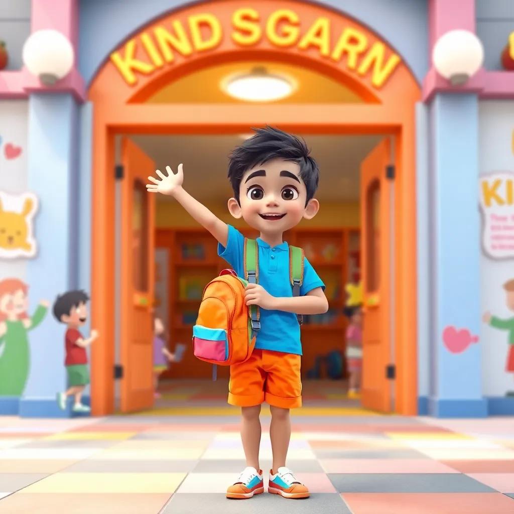 A young Arab boy, Ali, with short black hair, wearing a bright blue shirt and orange shorts, excitedly holding a colorful backpack, standing in front of a colorful kindergarten entrance with children playing and laughing, digital art, cheerful colors, vibrant atmosphere, perspective showing a friendly environment, high quality