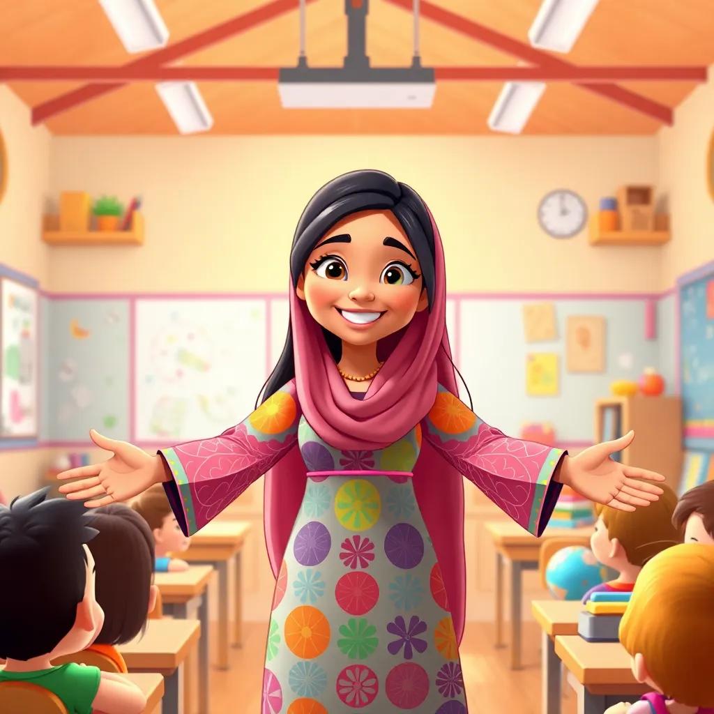 A smiling Arab teacher, Fatima, with long black hair, wearing a colorful dress, welcoming children with open arms, surrounded by a bright classroom with drawings and colorful items, illustration, warm colors, inviting atmosphere, perspective showing a happy classroom, high quality