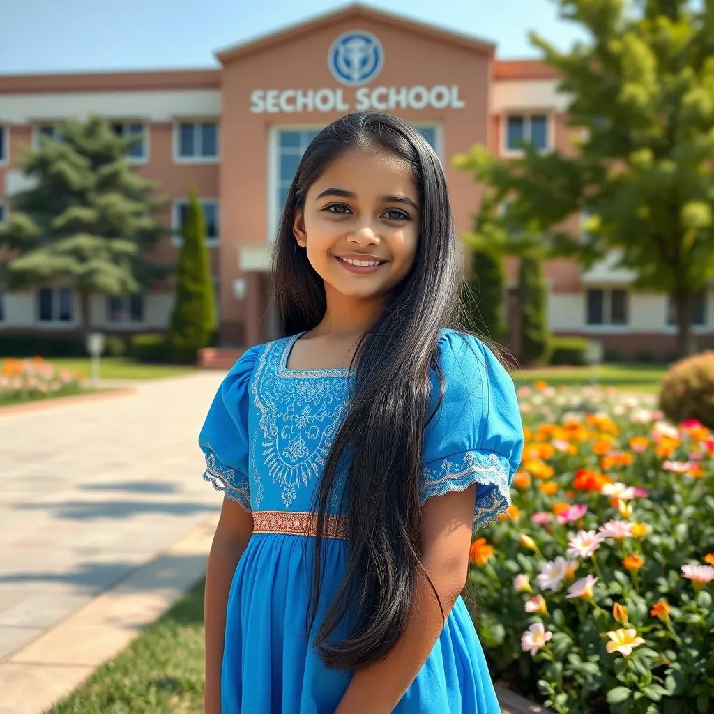 A young Arab girl, Raghad, with long black hair, wearing a beautiful blue dress, standing in front of a large school building with flowers and trees around, cheerful atmosphere, bright colors, welcoming scene, high quality