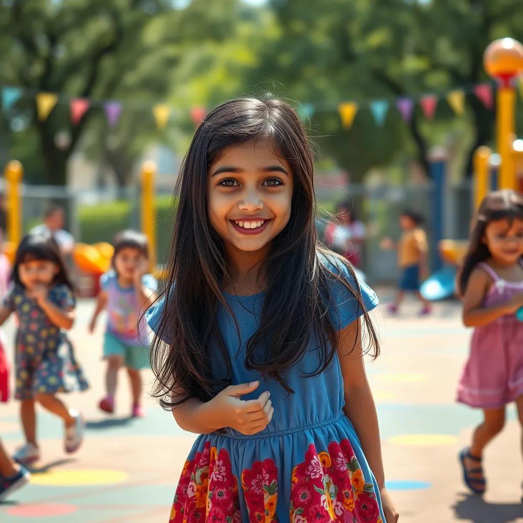 Raghad, a young Arab girl, with long black hair, wearing a blue dress, playing happily with other children in a playground filled with laughter and games, colorful surroundings, joyful vibe, high quality