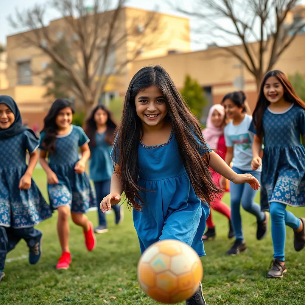 Raghad, a young Arab girl, with long black hair, wearing a blue dress, playing football with her friends in the school yard, everyone laughing and having fun, vibrant colors, cheerful scene, high quality