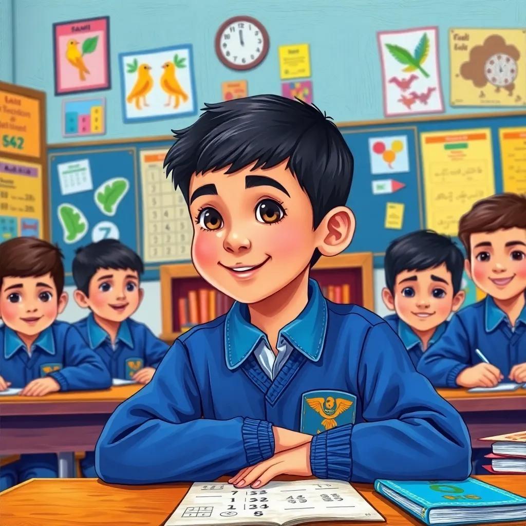 A young Arab boy, Osama, with short black hair wearing a blue school uniform, sitting in a classroom with his new friends, Sami, Saleh, and Fouad, engaged in learning math, surrounded by colorful posters and books, illustration, lively and educational, friendly environment, child-friendly