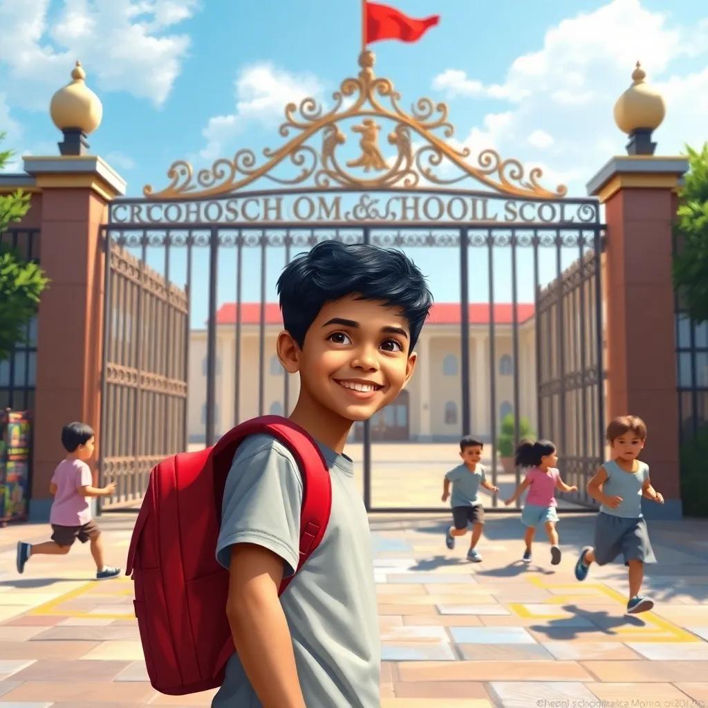 A young Arab boy, Majd, with short black hair and a bright red backpack, standing in front of a big school gate, smiling and looking excited, bright, cheerful atmosphere, children running around, digital art, colorful, inviting scene
