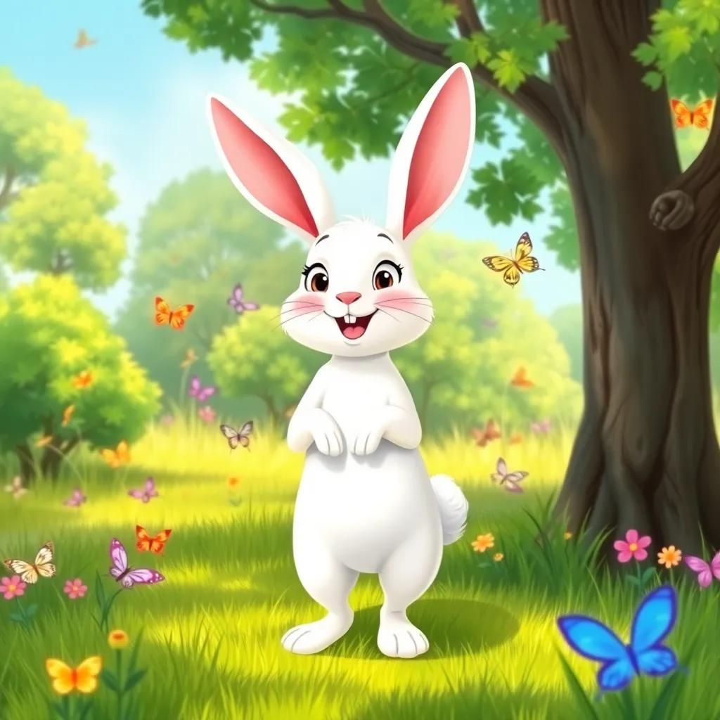 A cute white rabbit, Babul, standing on its hind legs in a grassy clearing, looking excited, surrounded by trees and colorful butterflies, smiling, friendly expression, illustration, vibrant colors, adventurous scene