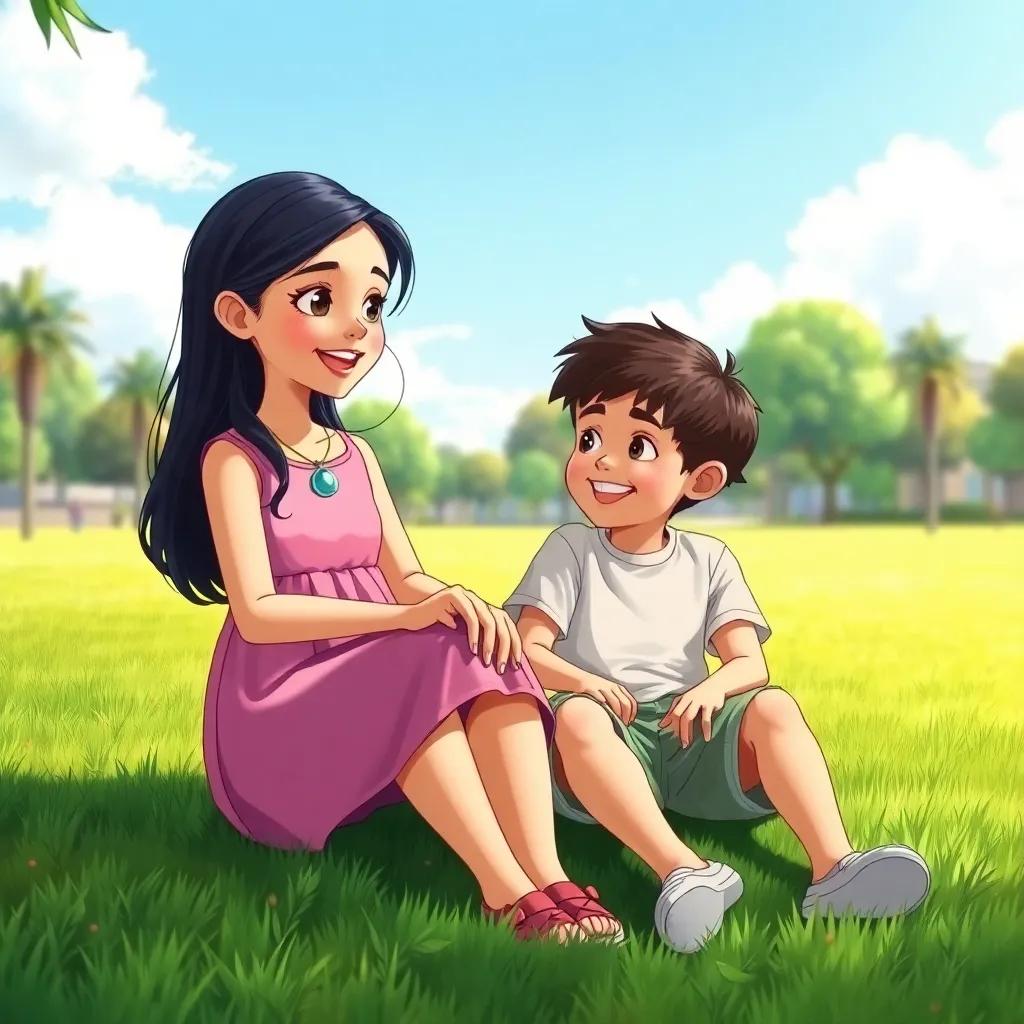 A sunny park scene with a young Arab girl named Leila, with long black hair wearing a bright dress, and a boy named Majid, with short dark hair wearing a t-shirt and shorts, sitting on the grass talking excitedly about going to the beach, detailed digital art, cheerful, bright colors, joyful atmosphere, high quality