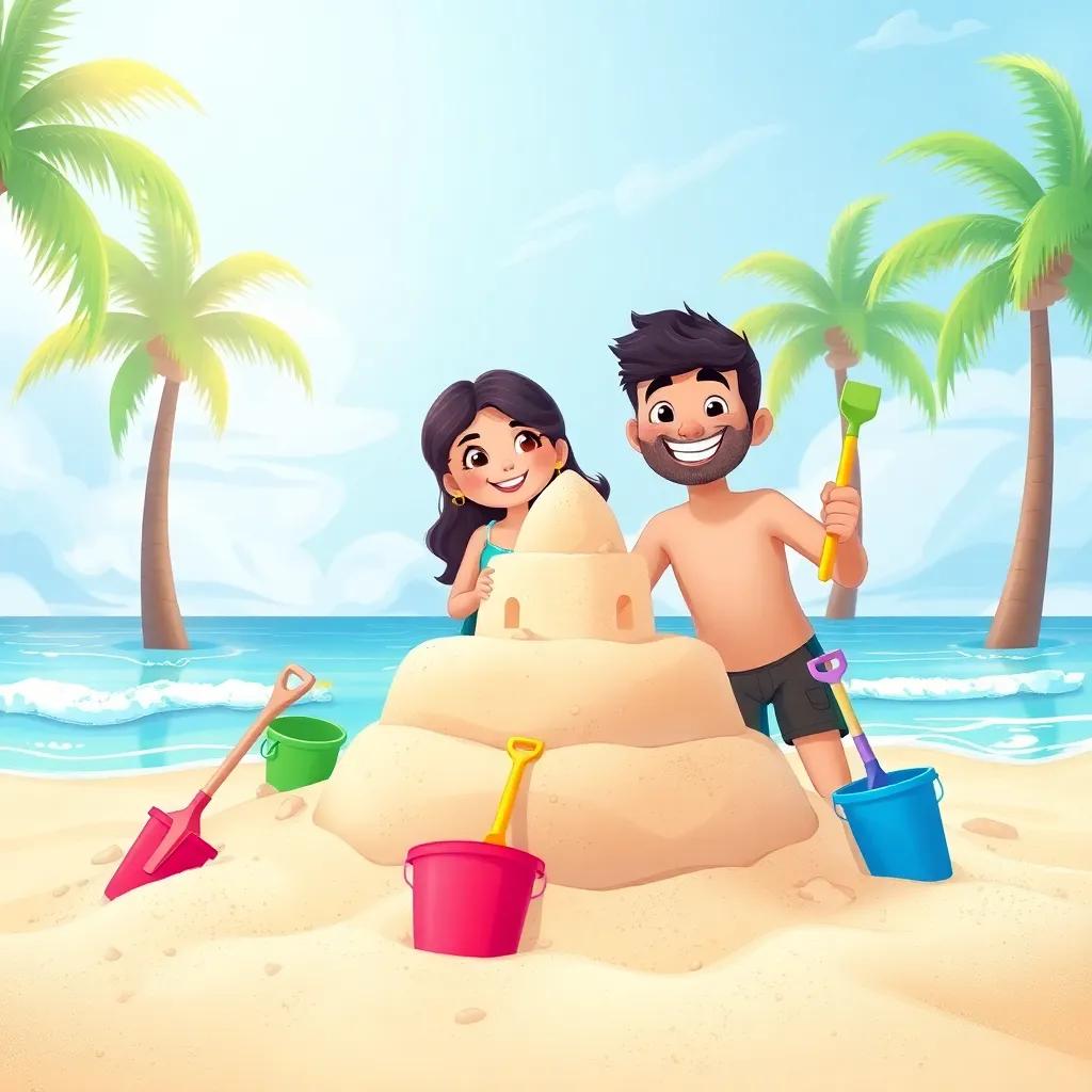 A beautiful beach scene with Leila and Majid happily building a grand sandcastle with buckets and shovels, surrounded by palm trees, blue sky, and gentle waves, illustration, vibrant colors, playful, child-friendly, high quality