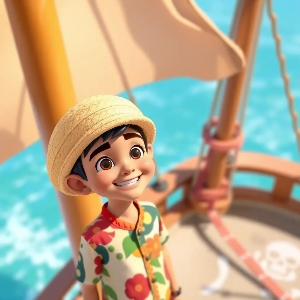 A young Arab boy, Ibrahim, with short black hair, wearing a straw hat and a colorful shirt, standing on a pirate ship with a bright sea background, smiling and looking curious, cheerful mood, digital art, vibrant colors, high quality