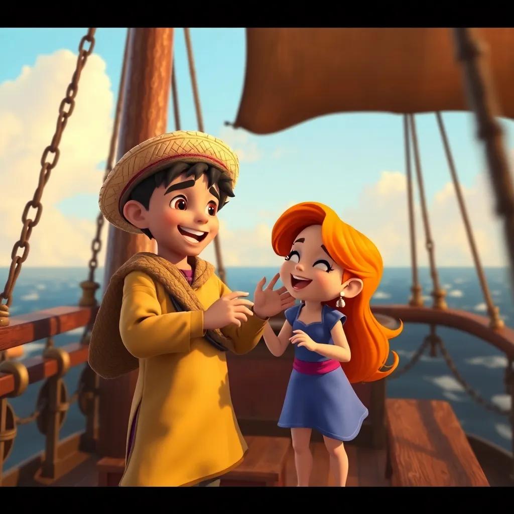 A young Arab boy, Ibrahim, wearing a straw hat and a colorful shirt, playfully teasing a girl, Nami, with orange hair and a blue top, on the deck of a pirate ship, surrounded by laughter and adventure, colorful, warm light, storytelling view, child-friendly