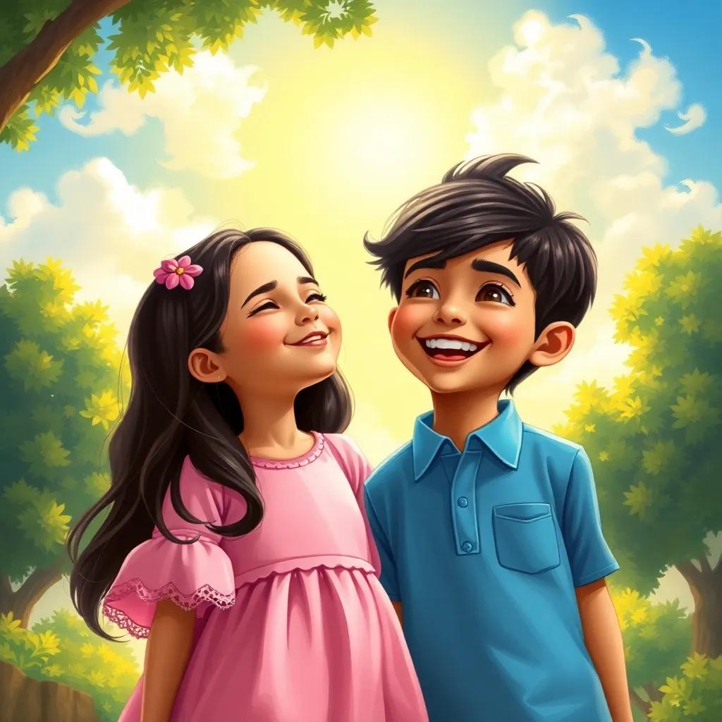 A young Arab boy, Ibrahim, with short black hair wearing a bright blue shirt, laughing with his sister, Ghada, a young Arab girl, with long dark hair wearing a pink dress, surrounded by trees and a sunny sky, joyful atmosphere, digital art, vibrant colors, high quality