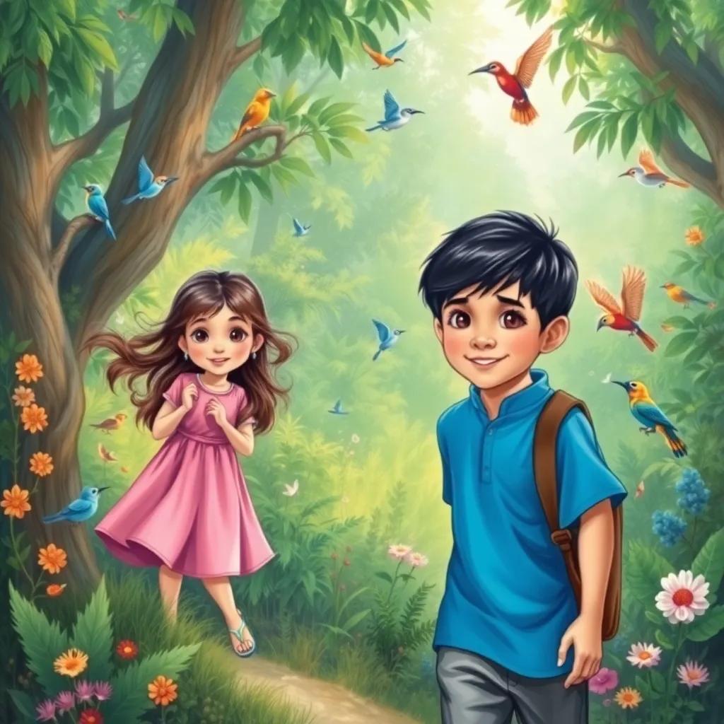 A young Arab boy, Ibrahim, with short black hair wearing a bright blue shirt, walking with his sister, Ghada, a young Arab girl, with long dark hair wearing a pink dress, exploring a lush green forest filled with colorful birds and flowers, magic and adventure, cheerful colors, high quality