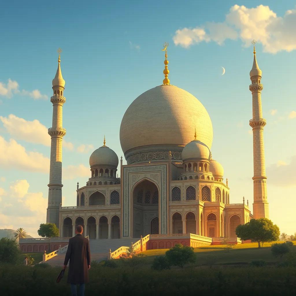 إبراهيم، رجل عربي ثلاثيني، يرفع يده متحديًا الأصنام حوله في ساحة القرية، تعبير وجهه قوي وجاد، خلفه حشد من الناس المدهوشين، ألوان طبيعية داكنة، مشهد درامي