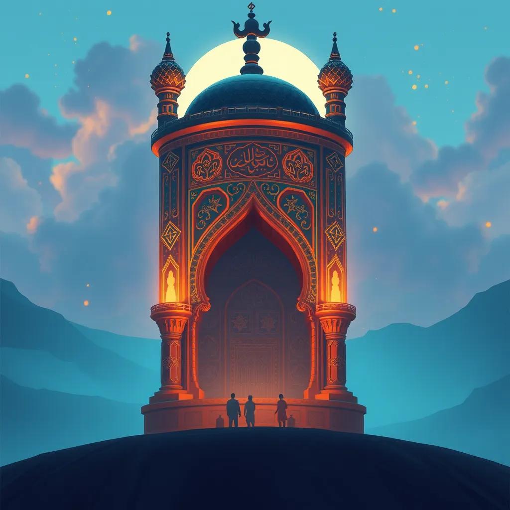 إبراهيم، رجل عربي، يتحدث مع القوم بجدية، يظهر بالقرب من أمطار وصواعق في السماء، تعبير الحزن في عيون القوم، مشهد يعبّر عن التحدي، ألوان رمادية وكئيبة، مشهد عاطفي