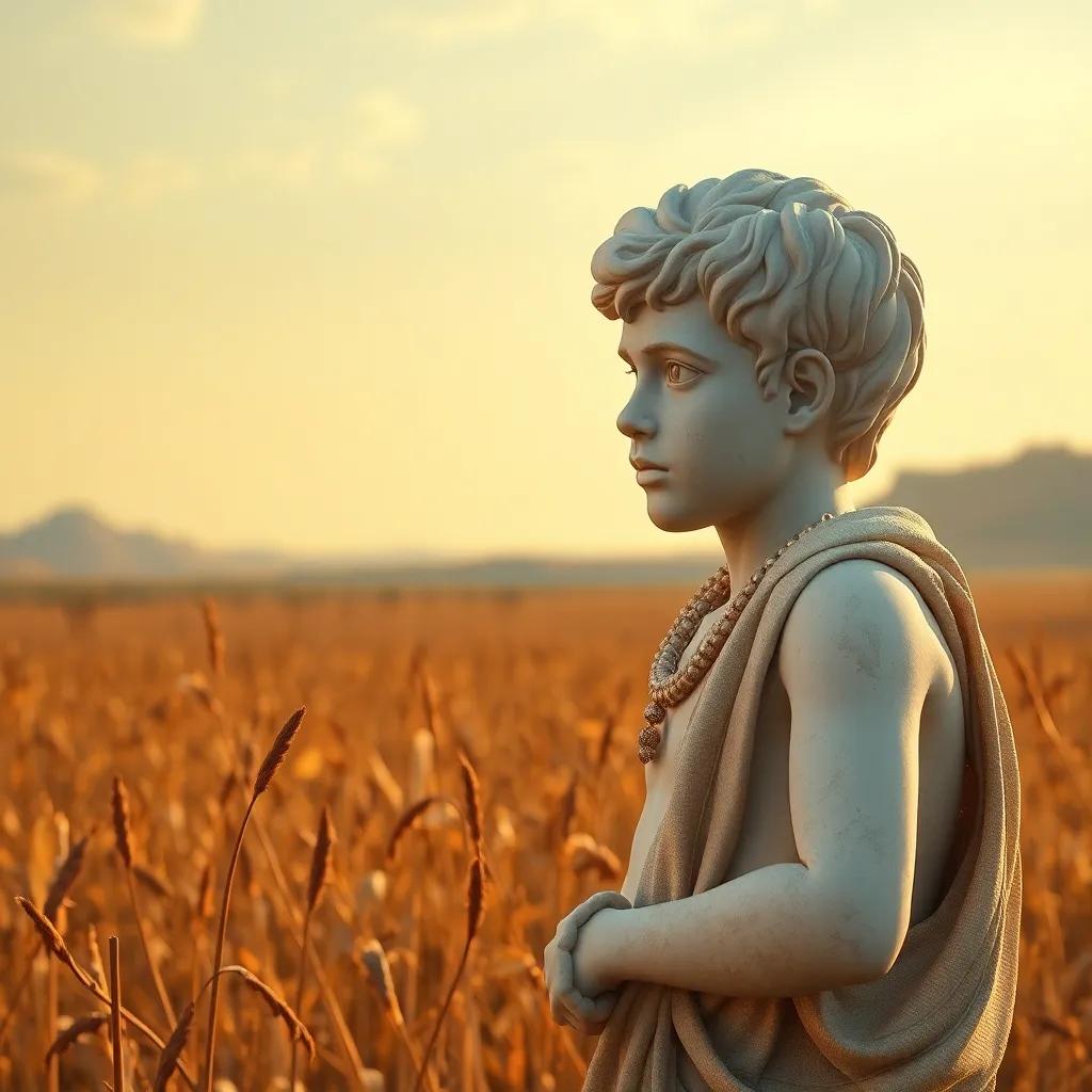 A young Mesopotamian boy, Ornmu, looking sad at dry fields, talking to his grandmother Nido, warm colors, bright atmosphere, detailed, inviting