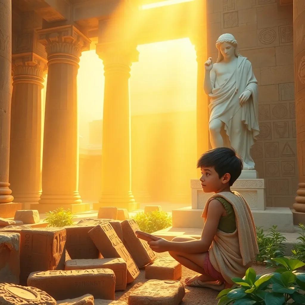 Ornmu, a young Mesopotamian boy, finding ancient clay tablets in the temple of Enki, surrounded by golden light, detailed, bright colors, cheerful atmosphere, children learning gardening
