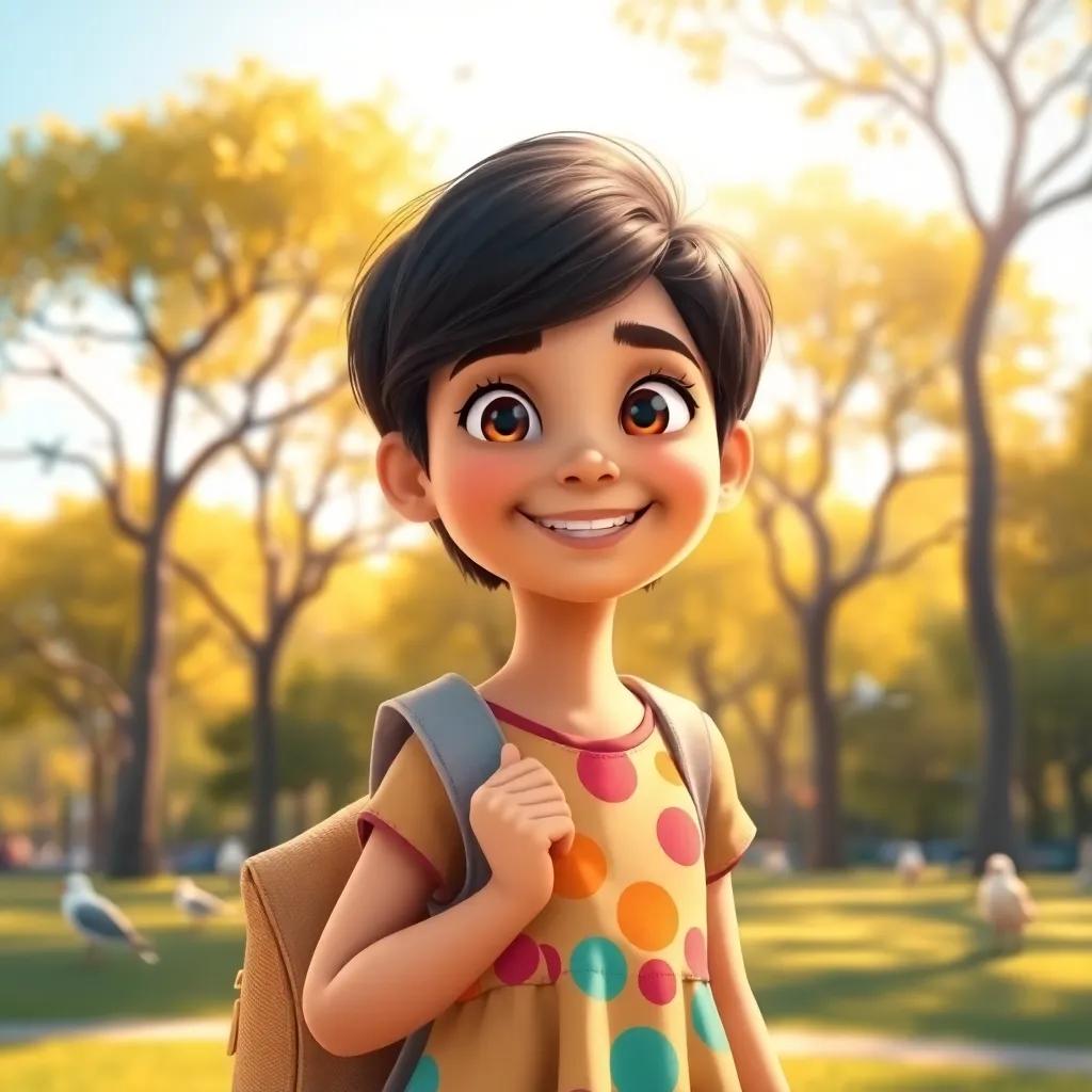 A young Arab girl, إخلاص, with short black hair, wearing a colorful dress and carrying a small backpack, smiling brightly in a sunny park with trees and birds, digital art, cheerful and vibrant colors, warm and inviting atmosphere, high quality