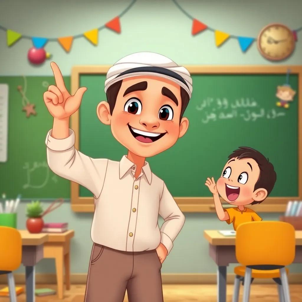 A kind Arab male teacher, أحمد مزاحم العنزي, with a friendly smile, wearing a simple shirt and trousers, pointing to a chalkboard while إخلاص looks excited, surrounded by colorful classroom decorations, illustration, lively and engaging, child-friendly, high quality