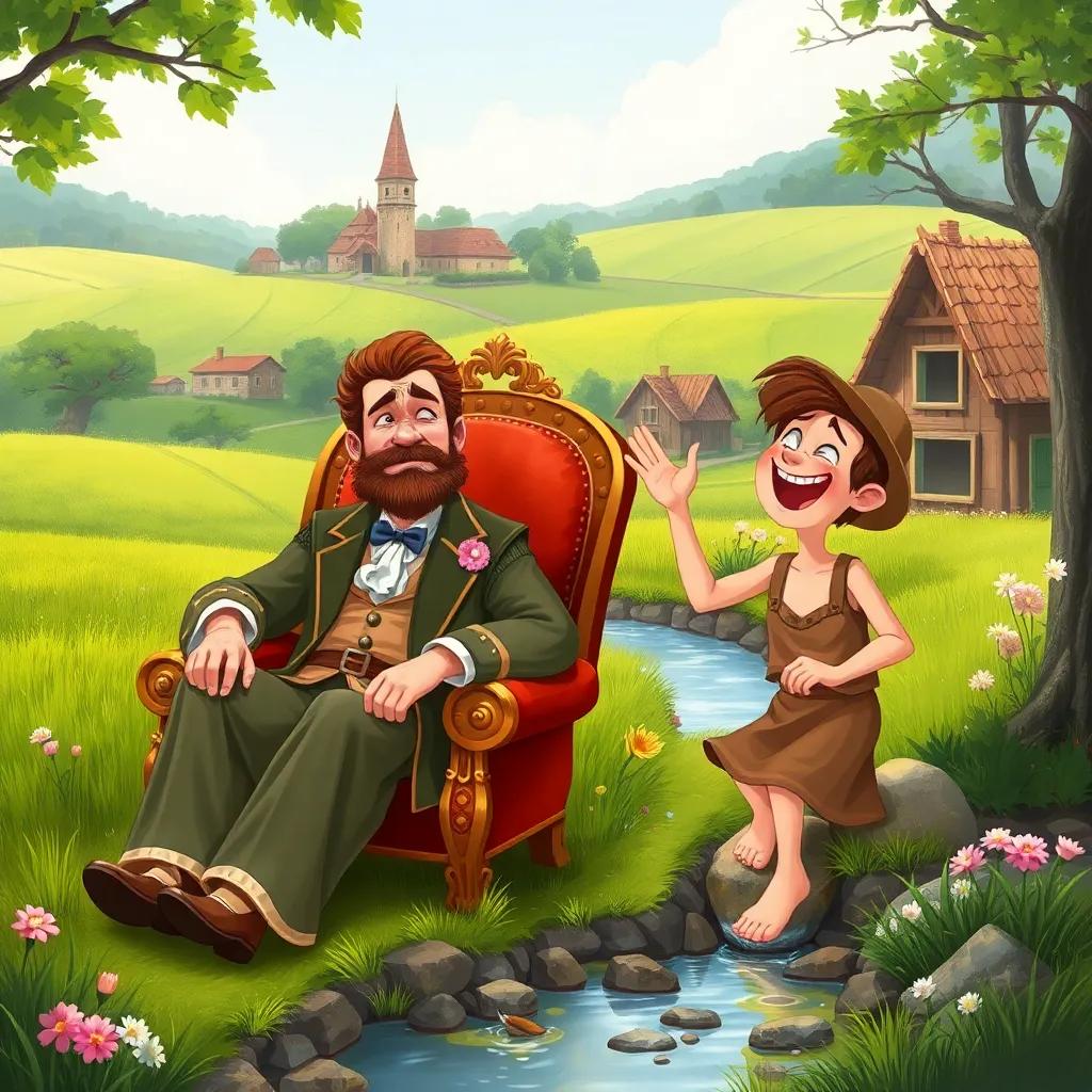 A peaceful village surrounded by lush green fields, with two very different men. One is Edward, a rich man in elegant clothes sitting in a lavish chair, looking weak and sad; next to him is Thomas, a cheerful farmer, energetic, wearing simple clothes, laughing as he washes his face at a nearby stream during springtime, digital art, vibrant colors, warm atmosphere, high quality