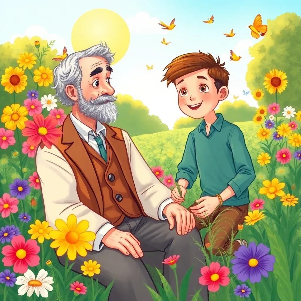 Edward, a wealthy man sitting in a beautiful garden, looking thoughtful and nostalgic, with colorful flowers around him, while Thomas is in a sunny field working happily, planting seeds, surrounded by cheerful birds and butterflies, illustration, joyful, serene, child-friendly