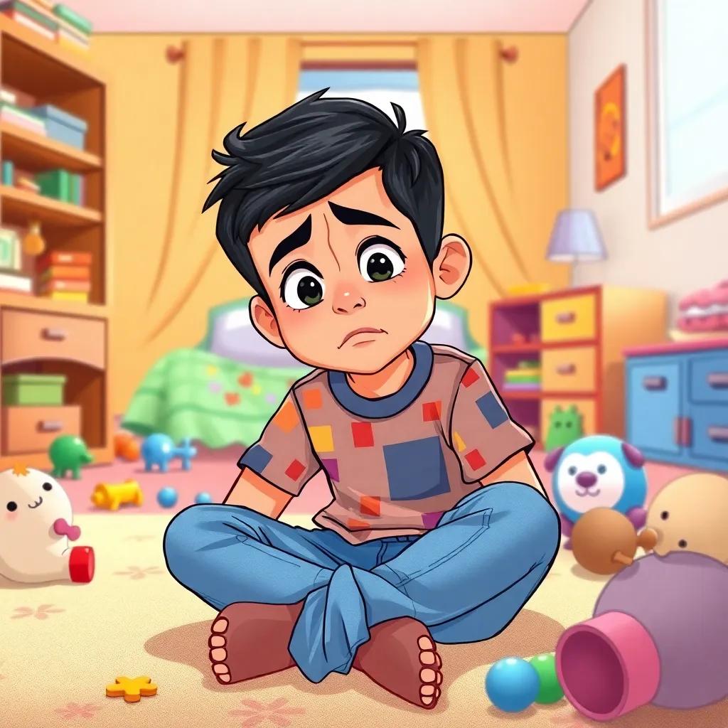 A young Arab boy, Isaac, with short black hair, wearing a colorful shirt and jeans, looking frustrated while sitting on the floor in his bedroom surrounded by toys, digital art, bright colors, cozy atmosphere, inviting space