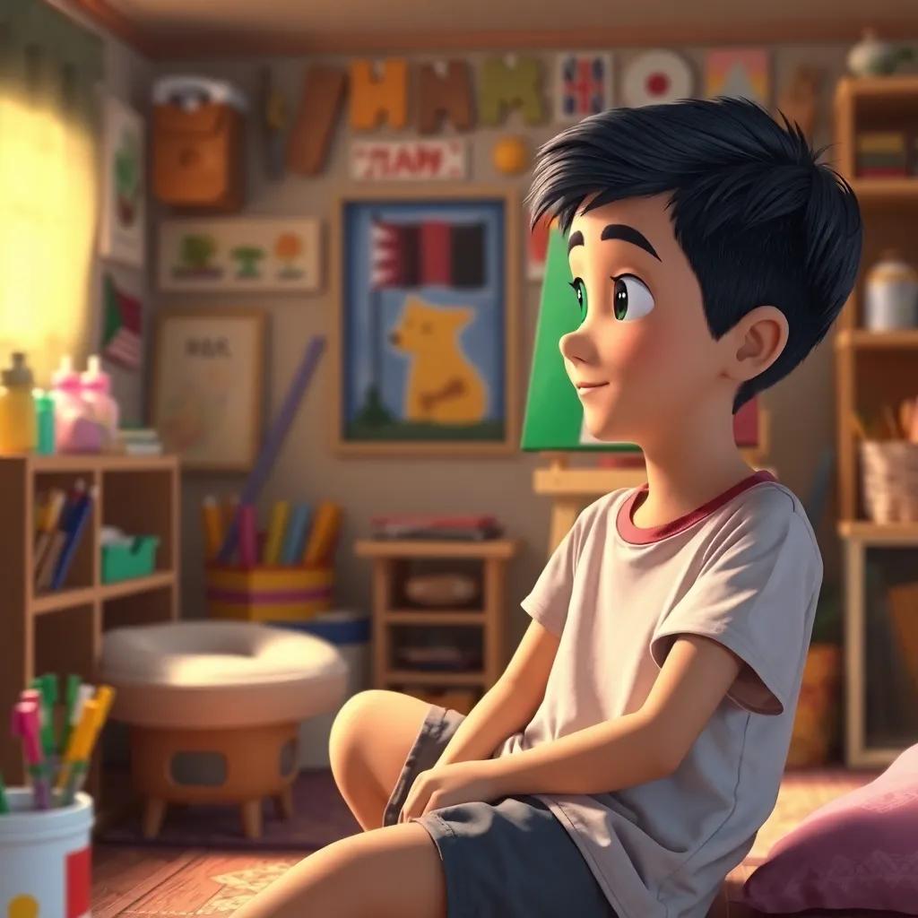 A young Arab boy, Nasser, with short black hair, wearing a simple t-shirt and shorts, sitting in his cozy room filled with colorful art supplies, gazing proudly at his painting featuring the flags of Palestine and Qatar, warm light, inviting atmosphere, child-friendly, high quality