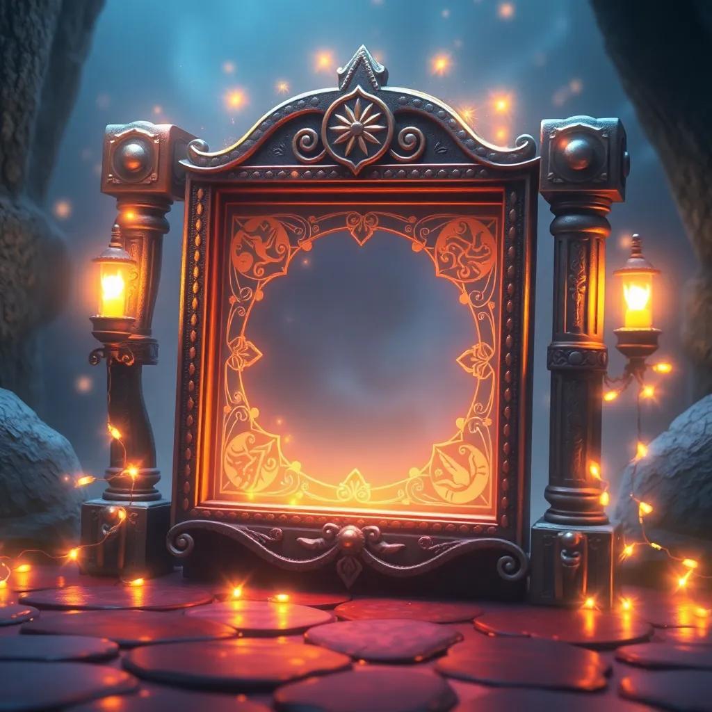 A magical picture frame with ancient symbols glowing softly, surrounded by a hint of twinkling fairy lights, enchanting atmosphere, vibrant details, fantasy