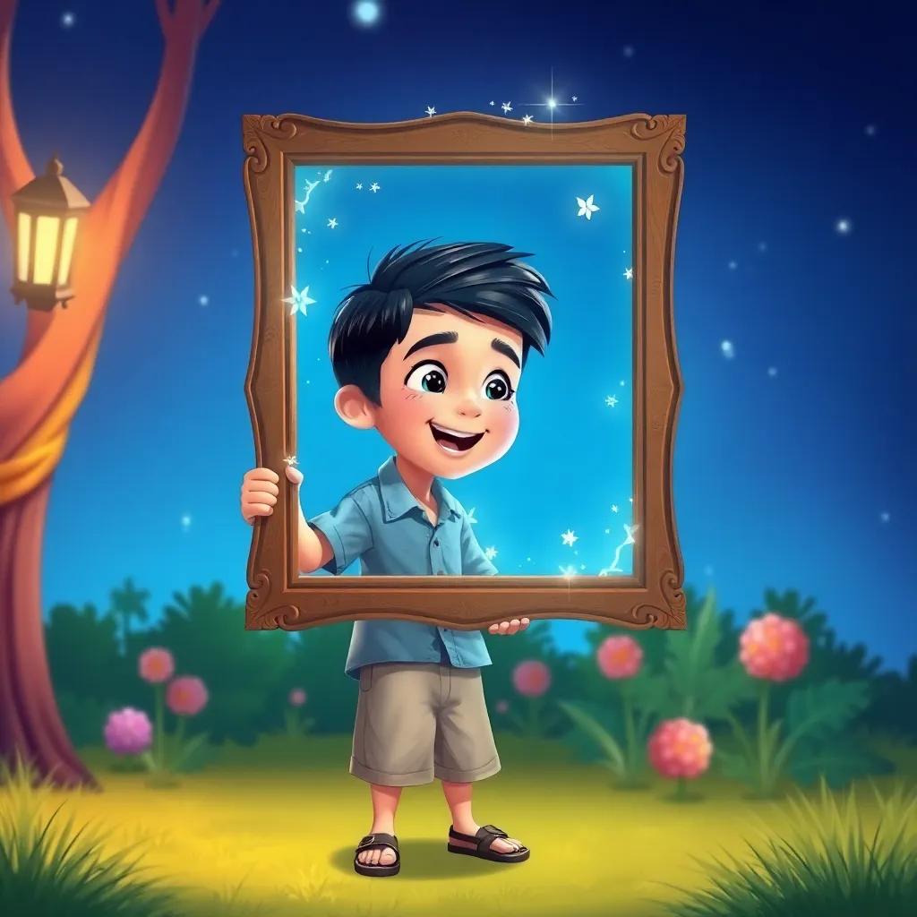 A young Arab boy, Louay, with short black hair wearing a casual shirt and shorts, excitedly examining the magical picture frame, illustration, joyful, colorful, child-friendly