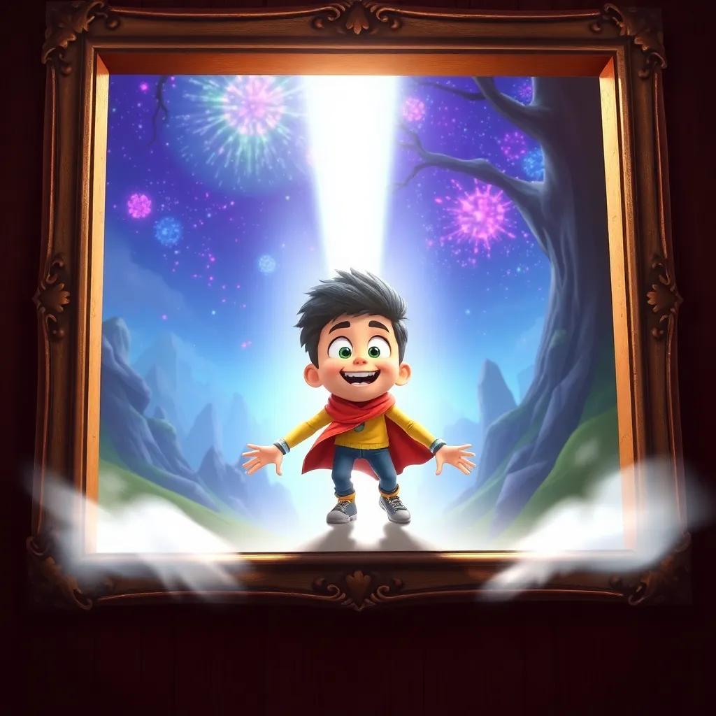 A bright light bursting from the picture frame, illuminating Louay as he gets transported to a magical world, dynamic scene, energetic, adventure-themed, digital art