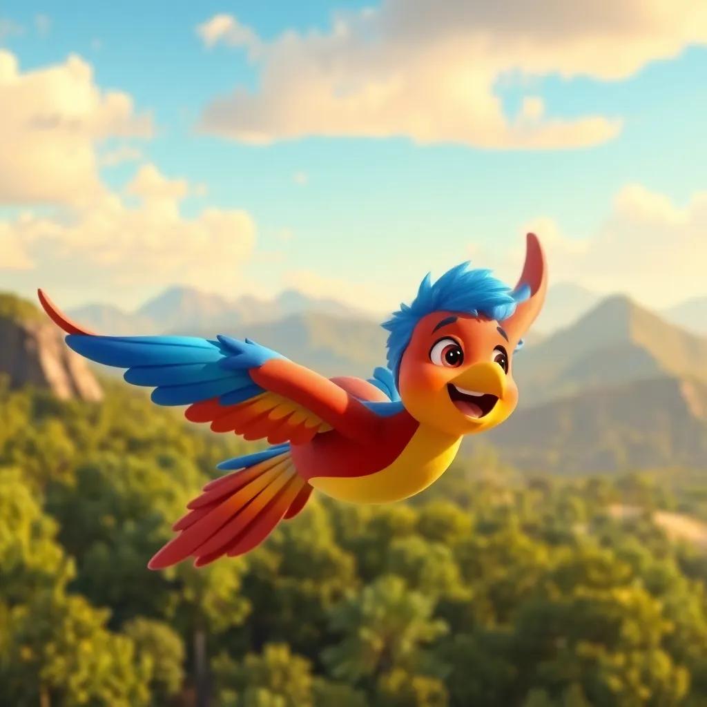 Louay flying with a colorful bird, soaring over lush green trees and distant mountains, filled with wonder and excitement, cheerful, bright colors, child-friendly