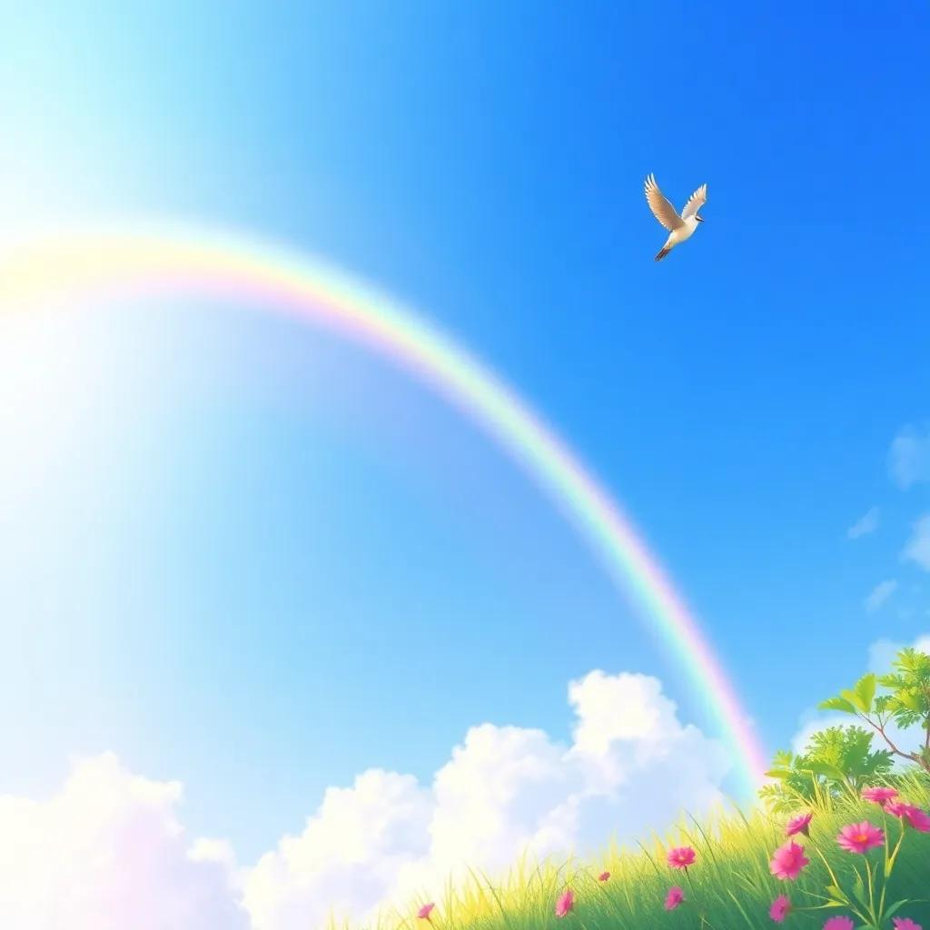 A vivid rainbow arcing across a clear blue sky with Louay and the bird flying nearby, emphasizing the beauty of nature, illustration, uplifting, vibrant