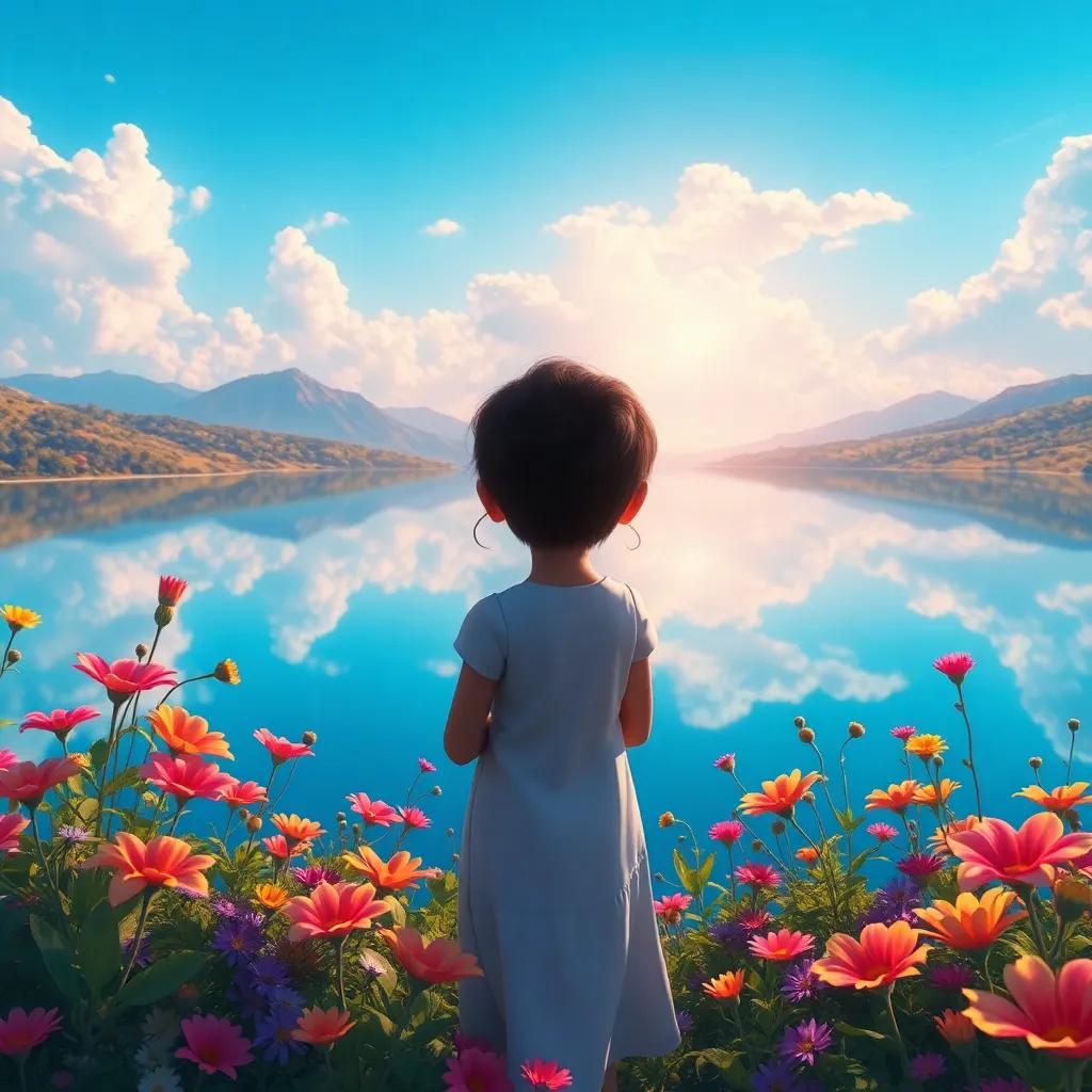 A stunning blue lake reflecting the sky like a mirror, with Louay marveling at the scene, surrounded by colorful flowers, peaceful atmosphere, warm light, magical vibe