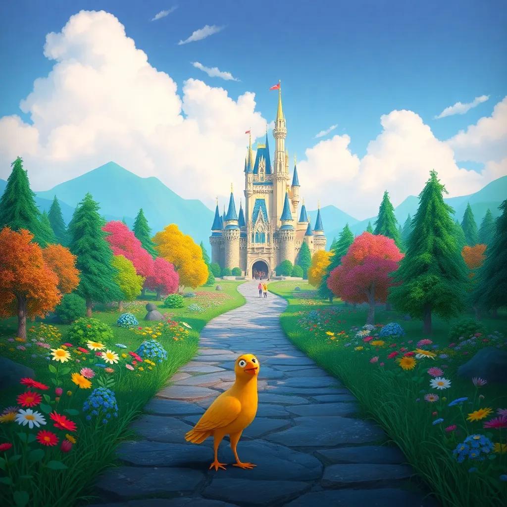 A magical castle in the distance, colorful trees and flowers surrounding it, with Louay and the bird approaching it, inviting and adventurous, whimsical art style