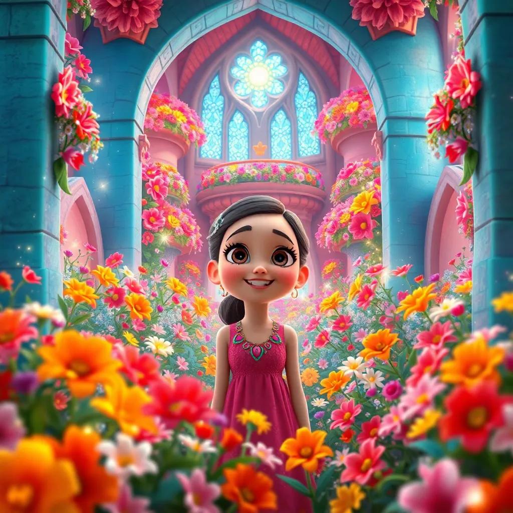 Inside a vibrant castle filled with sparkling flowers, Louay surrounded by colorful floral treasures, heartwarming ambiance, rich colors, joyful scene