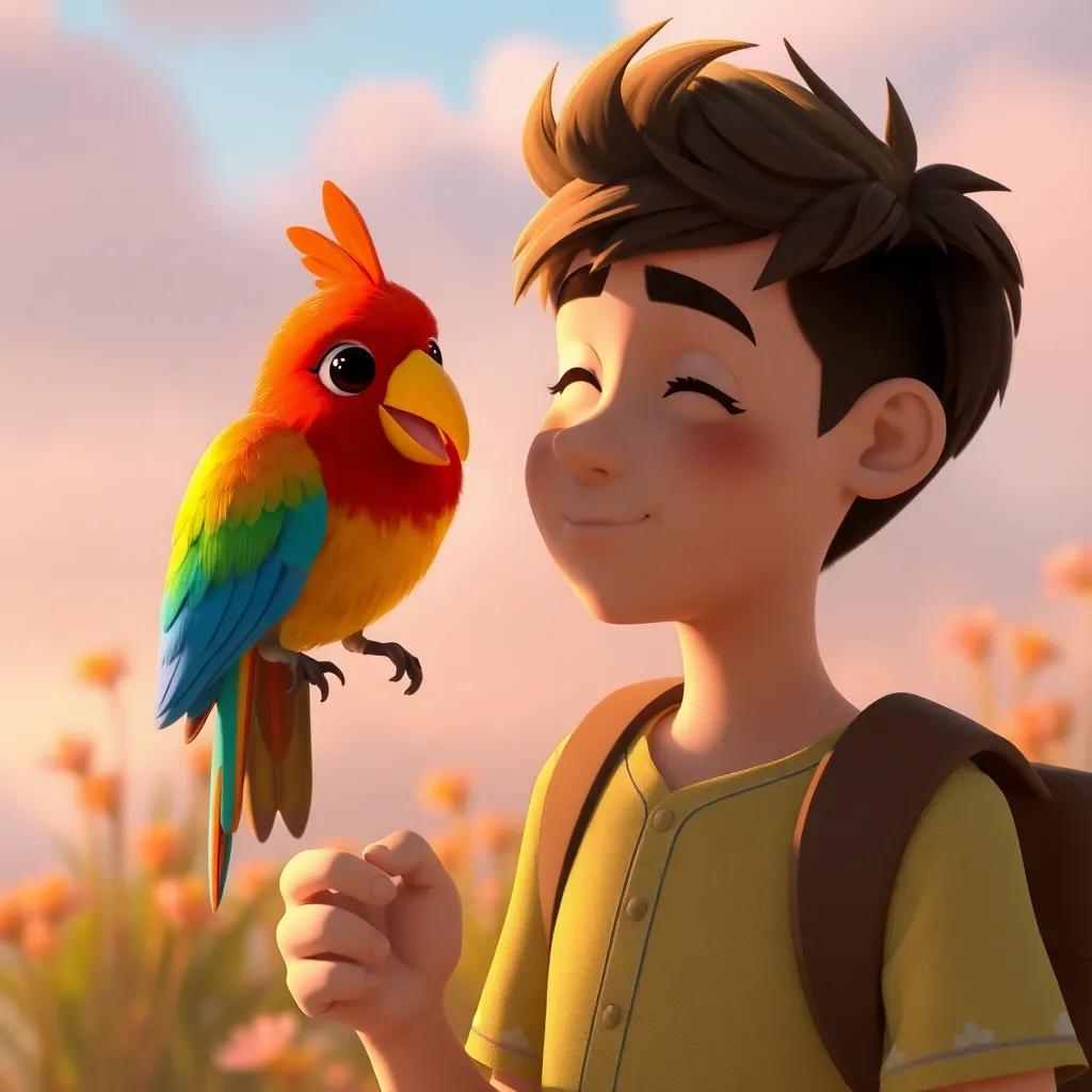 Louay feeling a sense of longing as he prepares to return home, with the colorful bird comforting him, emotional yet uplifting atmosphere, warm colors